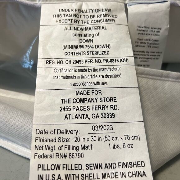 New The Company Store Legends Hotel Best Down Queen Pillow 75% Down Firm Density - Picture 8 of 14